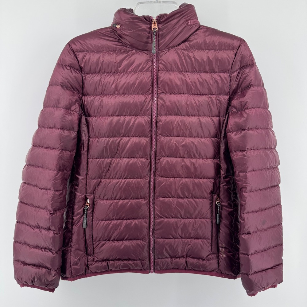TUMI PAX Packable Puffer Jacket Women Medium Maroon Burgundy Quilted Travel